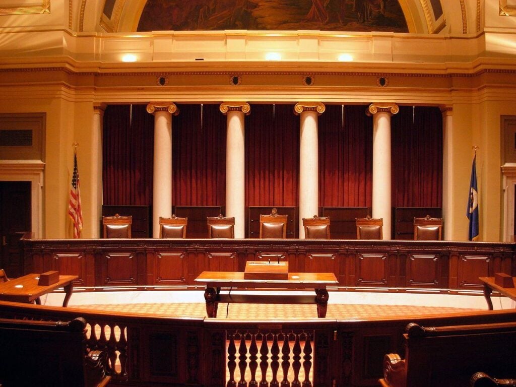 Courtroom background symbolizing accuracy and professionalism in legal transcription services.